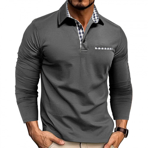New European and American Men's Casual Fashionable Polo Shirt, Turn-Down Collar Long-Sleeved Color-Block T-Shirt