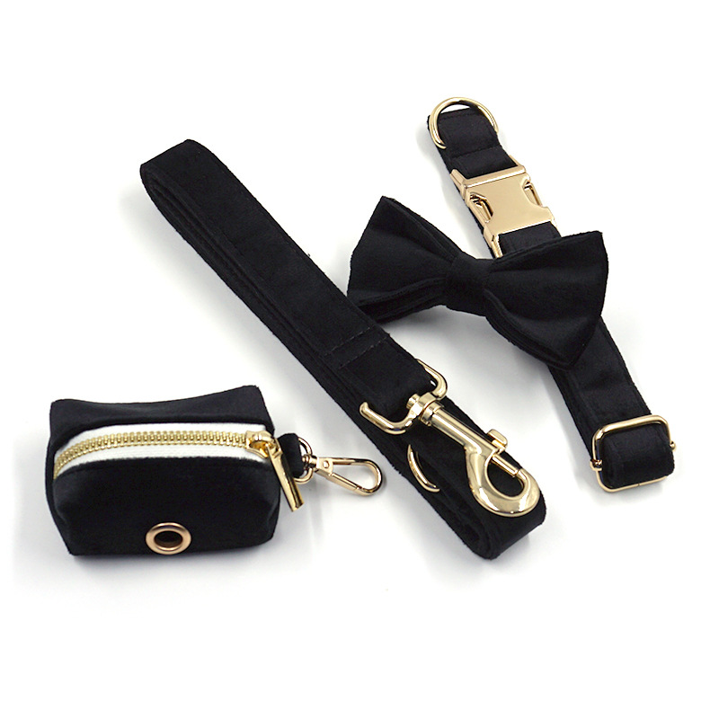 Black velvet gold buckle pet collar traction rope butterfly inviting bag four-piece set of across-border pet supplies factory