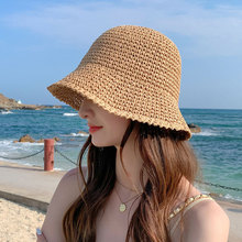 日系简约草编水桶帽女夏季透气遮阳草帽海边度假可折叠防晒渔夫帽