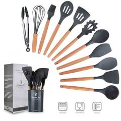 Manufacturer Amazon Dark Gray Wood Handle Silicone Kitchen Utensil Set European Non-stick Pan Spatula Soup Spoon Set
