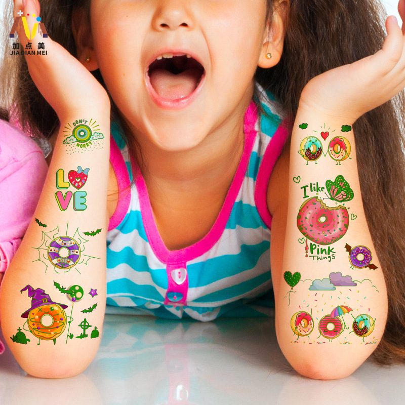 Respetuoso del medio ambiente impermeable de larga duración luminoso lindo donut niños tatuaje pegatinas luminoso postre fantasía tatuaje pegatinas