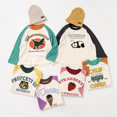 2023 Spring New Cute Kids' T-shirt with 6 Colors Animal Patterns, Drop Shoulder, Round Neck, Simple and Versatile Long Sleeve Top