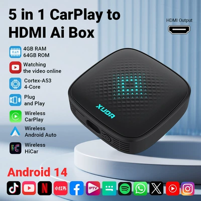 Xuda Car 5-in-1 Apple Carplay Adapter Wired to Wireless HDMI Output Car-Machine Interconnection Box