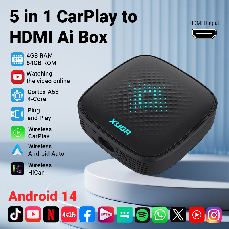 Xuda Car 5-in-1 Apple Carplay Adapter Wired to Wireless HDMI Output Car-Machine Interconnection Box