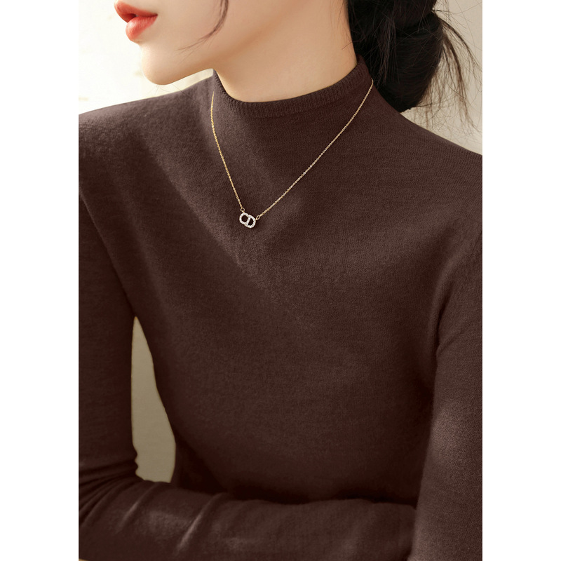Winter Wear: Long-Sleeved Slim-Fit Sweater, Dark Brown Half-Turtleneck Wool Knit Base Layer