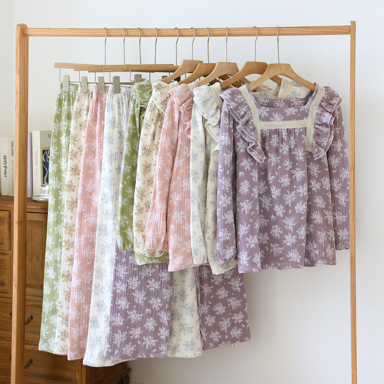 四季款套头绉纱棉女睡衣氧气方领长袖长裤多色双层棉纱家居服套装