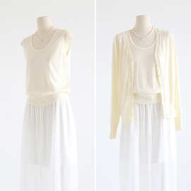 秋冬气质通勤圆领背心长袖V领纯色薄款开衫外套针织两件套上衣女