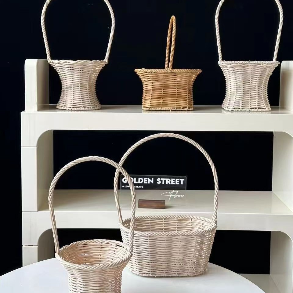 新款提包花篮批发花店节日插花手提花篮田园拍照装饰蓝DIY花艺蓝