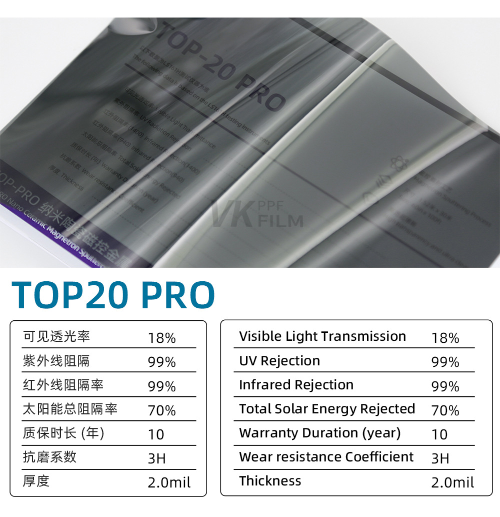 VK in-stock direct delivery TOP‑PRO magnetron sputtering metal car film with nano-ceramic technology, scratch-resistant solar film