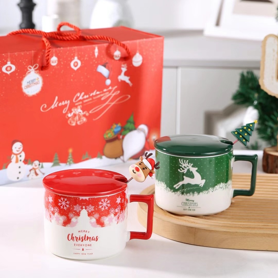 Caja de regalo de Navidad pareja taza de regalo taza de agua de cerámica árbol de Navidad personalizado copo de nieve taza de alto aspecto taza