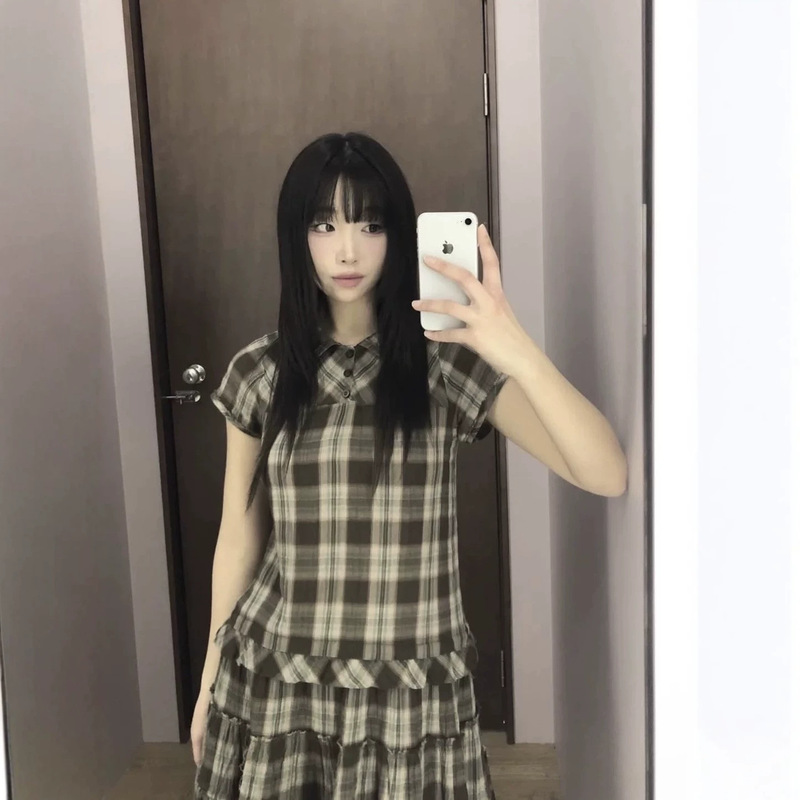 Now - Correct Version Korean Dongdaemun 26 New Style Japanese-Style Unique Plaid Pleated Doll Collar Dress