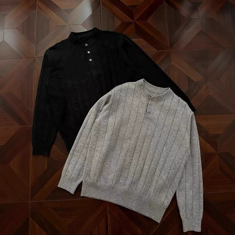 American Retro Striped Textured Henley Collar Knit Sweater for Men, Autumn and Winter Cleanfit Casual Versatile Sweater