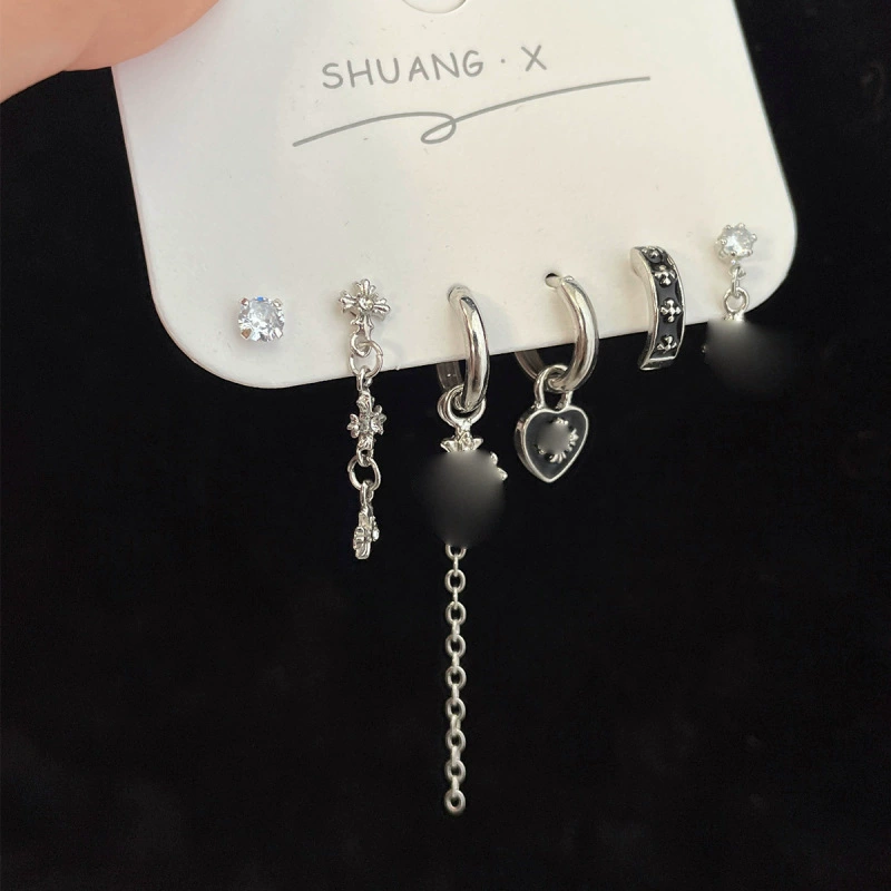 Earrings set 6-piece, European style simple elegant, metal fashion studs and dangles