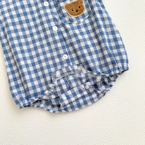  Baby Summer Outfit for Girls, British Style, Padded Bodysuit, Thin Short-Sleeve Plaid Triangular Onesie, Crawling Suit for Children