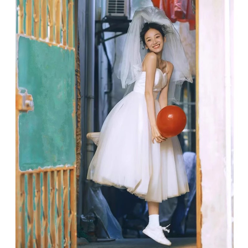 French Style Light Wedding Dress 2024 New Style Strap Tube-length Simple Bride's Engagement License Dress