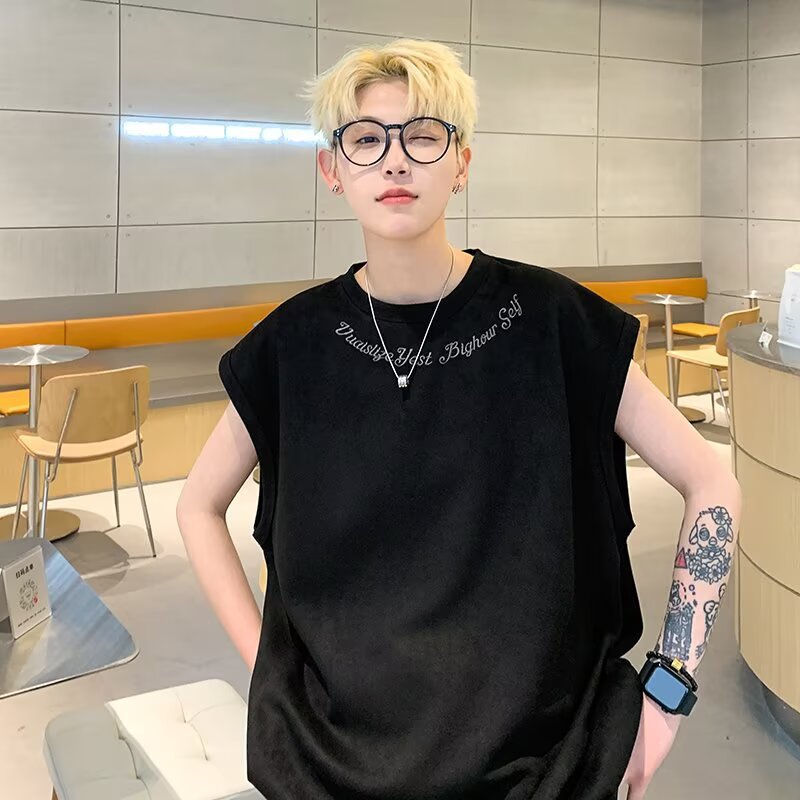 Men's faux suede vest, summer American retro style, heavyweight trendy brand, versatile loose sleeveless t-shirt, oversized top.