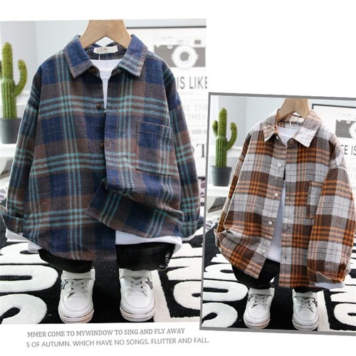 Boys' Long-Sleeve Shirt 2025 Spring and Autumn New European and American Children's Plaid Napped Collar Shirt Direct Supply One Piece Drop Shipping