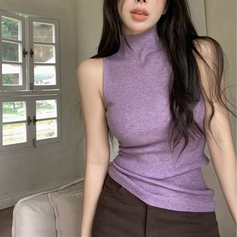 Spice Girls High Collar Sleeveless Knitted Base Shirt Women's Inner Vest Thin Slim-fit Slimming Stretch Purple Top