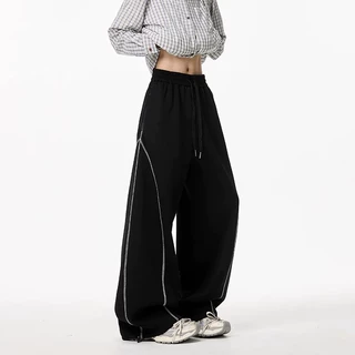 美式拼接休闲卫裤男潮牌高街垂感阔腿裤子cleanfit宽松直筒运动裤