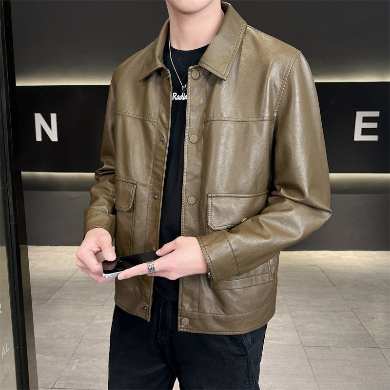 Trendige Herren-Lederjacke mit Reverskragen, günstige Kleidung, Frühlings- und Herbstmodelle, Motorradjacke auf Lager_voghion.com