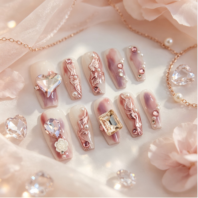Pink gradient, gold-embossed heart-shaped rose, dazzling rhinestone nail art, K9 pointed-bottom rhinestones, wearable nail tips, short style, handmade Pink gradient, gold-embossed heart-shaped rose, dazzling rhinestone nail art, K9 pointed-bottom rhinestones, wearable nail tips, short style, handmade