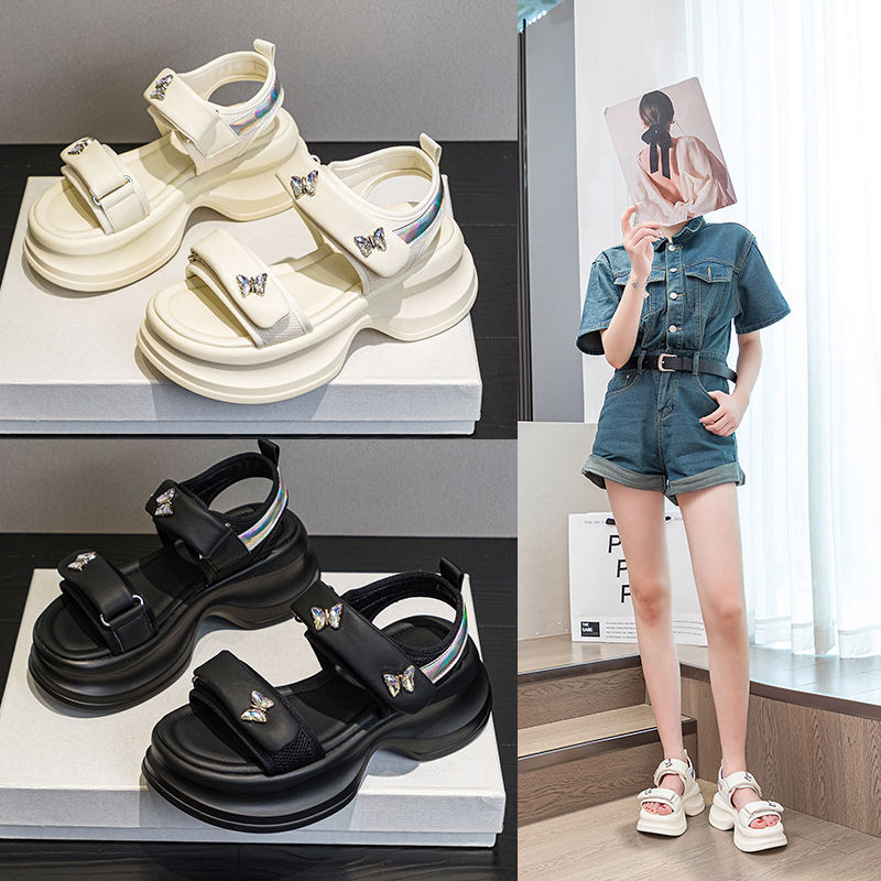 Dép sandal nữ quai chữ V đế dày 5 cm, phong cách thể thao, dán Velcro, phù hợp đi chơi ngoài trời hè 2026 — M2605 đen, M 2605m Màu sắc