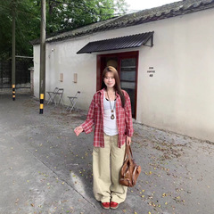 女装复古红色格子衬衫2025新款慵懒韩系ins宽松休闲开衫外套上衣