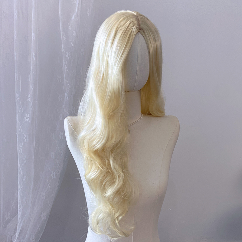 外国貿易スポットゴールドロングカーリーヘアウィッグ、クロスボーダー欧米女性用ミディアム分け目ビッグウェーブ化学繊維ヘッドギア、メーカー卸売|undefined