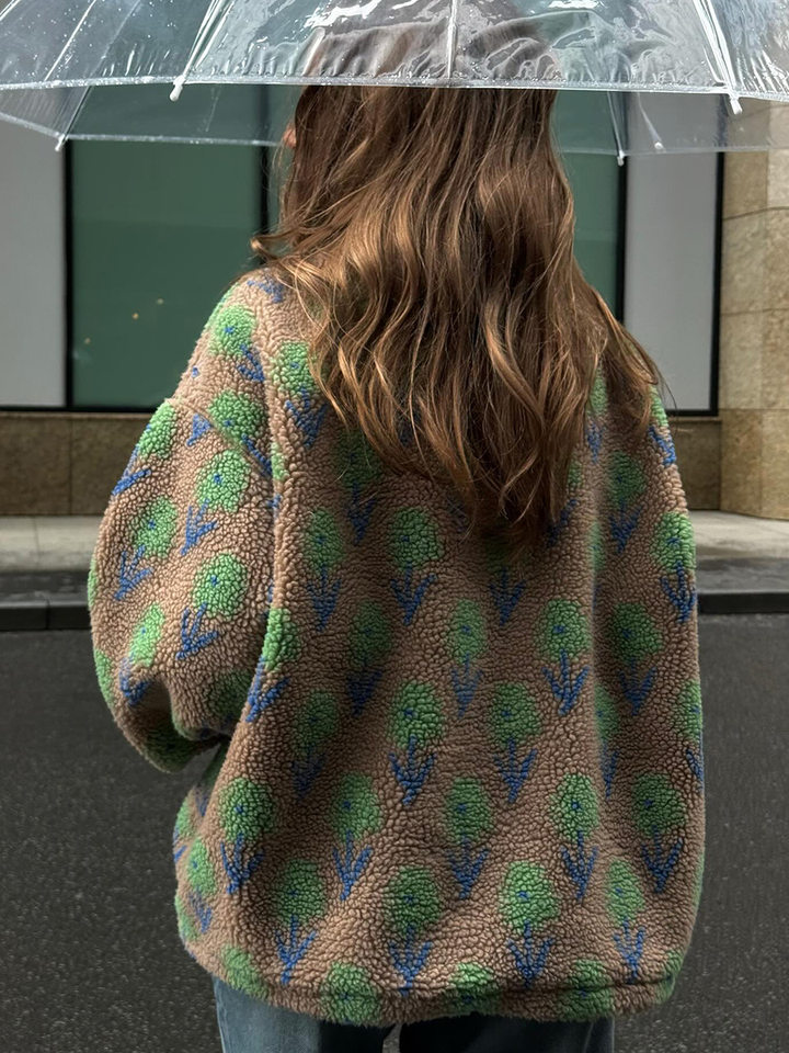 Áo nỉ lông cừu dệt jacquard nữ dáng rộng cổ cao nửa khóa kéo tay dài — Tím, màu xanh lá cây chi tiết 17