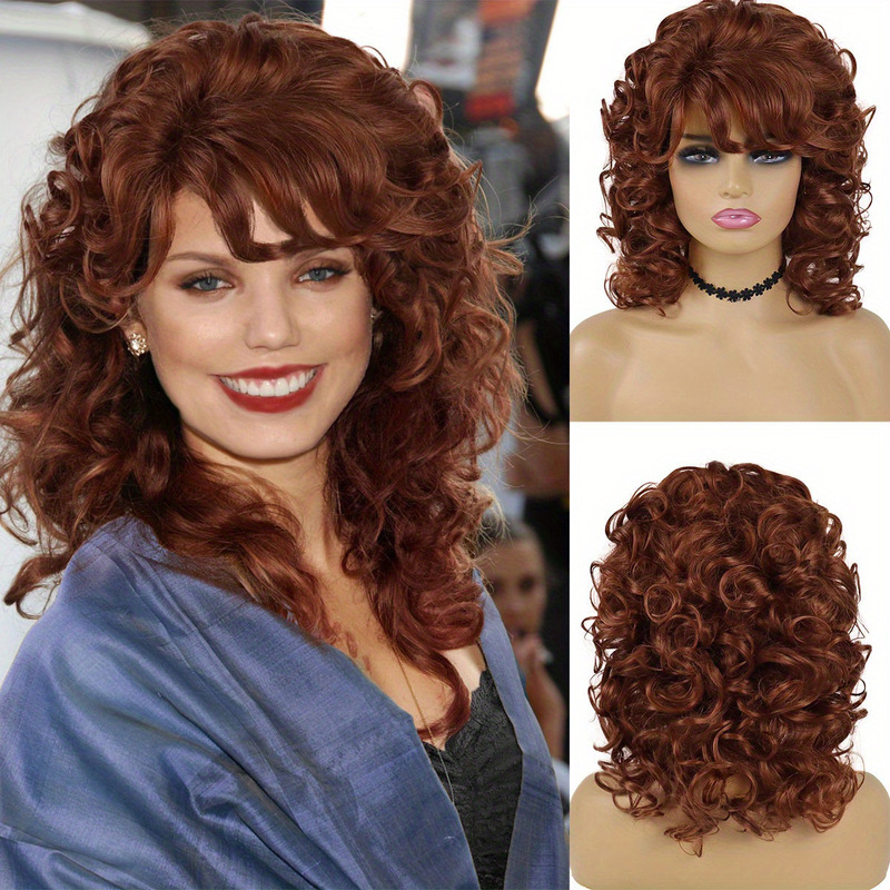 Retro Red-Brown Curly Medium-Length Wig for Women, 80s European and American Vintage Bangs, Wig Factory Wholesale