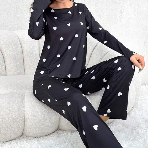 Women's pajamas, love printed round collar, long-sleeved trousers, autumn and winter suit, milk silk fabric