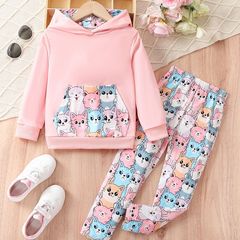 外国貿易の女の子の春秋のファッションの長袖の2つのセットの子供の女の子のかわいい漫画の猫のズボンのスーツ