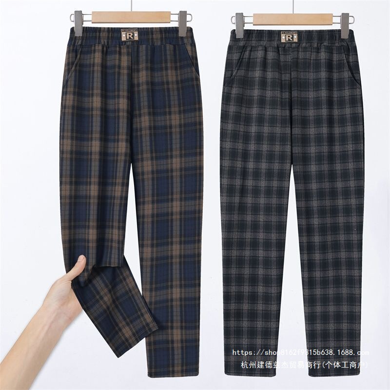 Plaid straight-leg mom's spring and autumn pants, high-waisted loose women's casual trousers, casual pants for middle-aged and elderly women, long pants