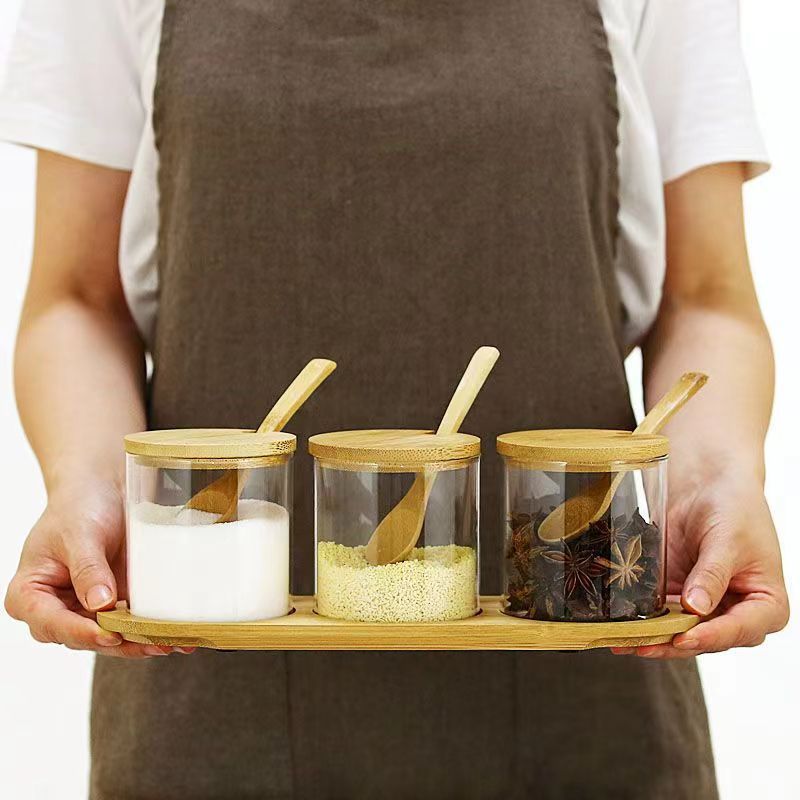 alta borosilicona vidrio condimento lata cubierta de madera de bambú con cuchara condimento lata cocina doméstica almacenamiento condimento lata spot