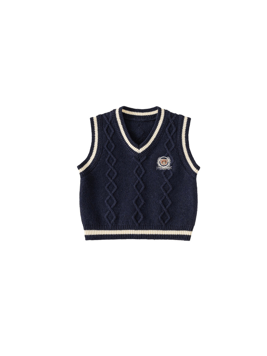 Yoobao ropa infantil chaleco de punto para niños otoño nuevo estilo de escuela de niños oso bordado V-collar chaleco de contraste