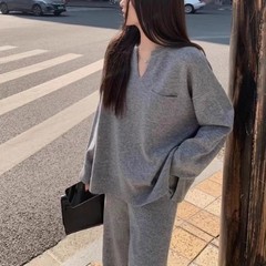 新型越境秋冬の怠惰感ニット2点セットの女性カジュアルゆったりニット + 垂れ下がった感じのワイドパンツ