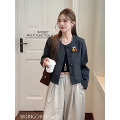 欧洲站圆领毛呢小香风外套女2025秋季新款时尚百搭显瘦夹克上衣潮