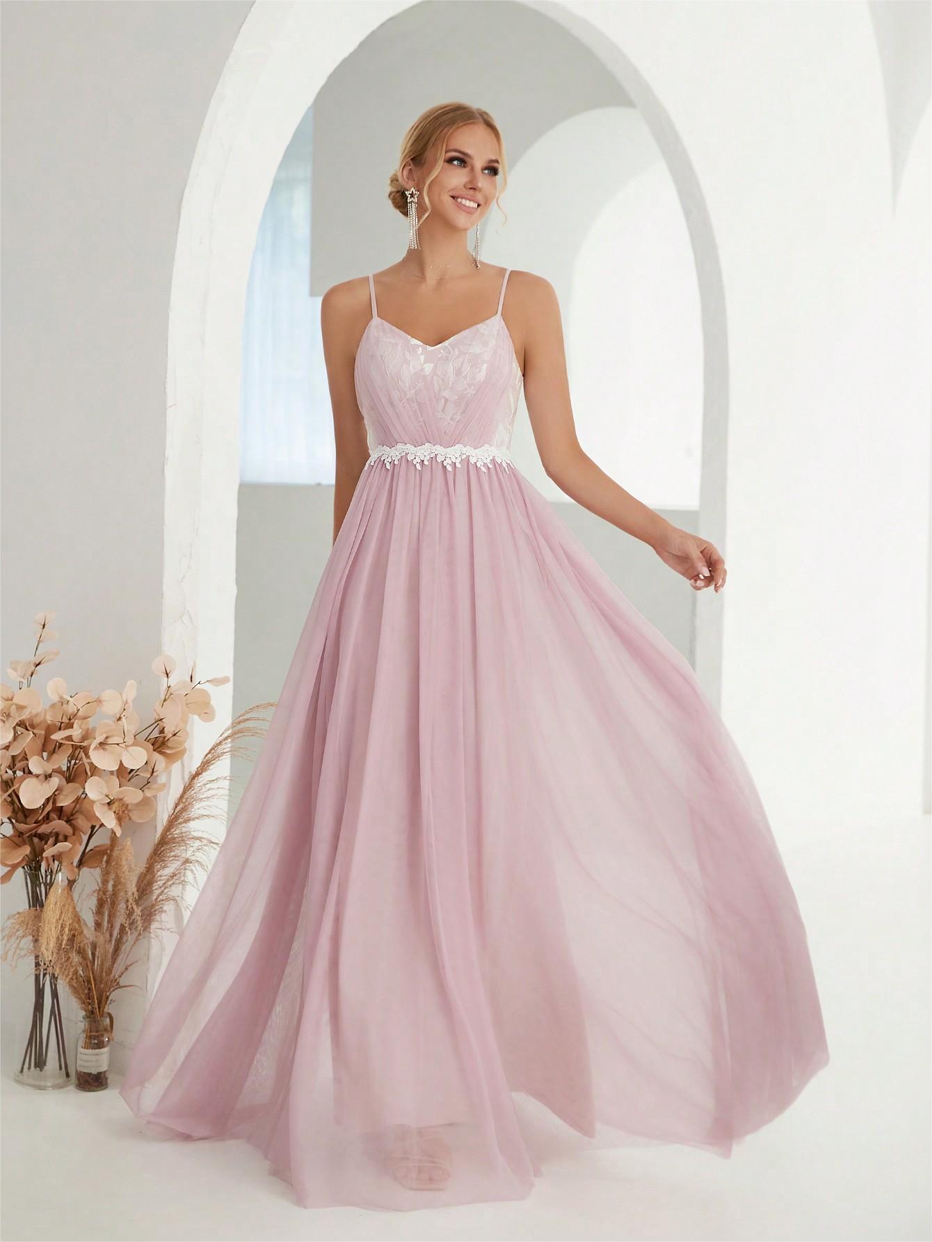 Damen Abendkleid Mit Spitze Kontrastfarbe Netzstoff Plissiert_voghion.com