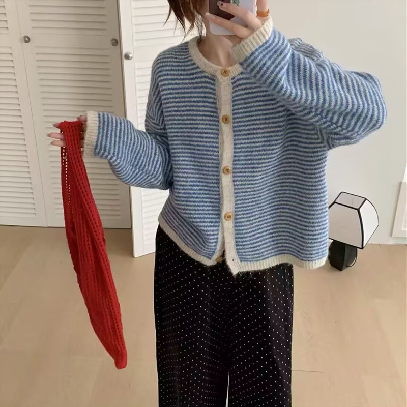 简约韩版小清新条纹针织开衫女秋季减龄显瘦百搭毛衣外套上衣女潮|undefined