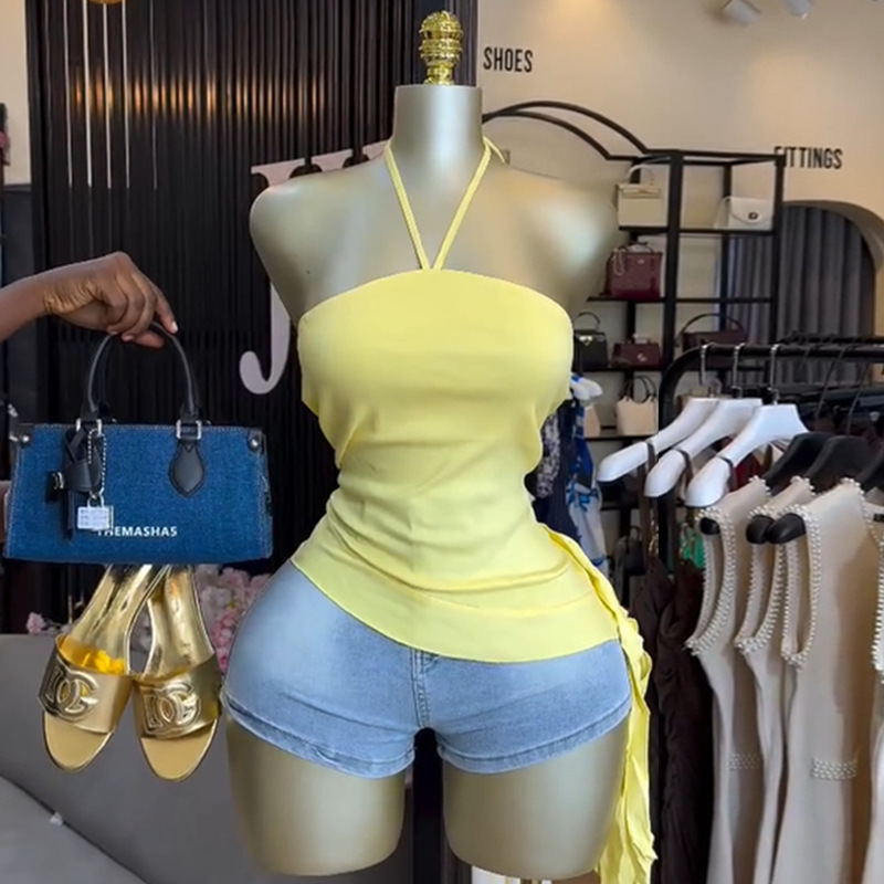 欧美女装2025秋季甜美清新挂脖抹胸收腰显瘦不规则下摆女士衬衫