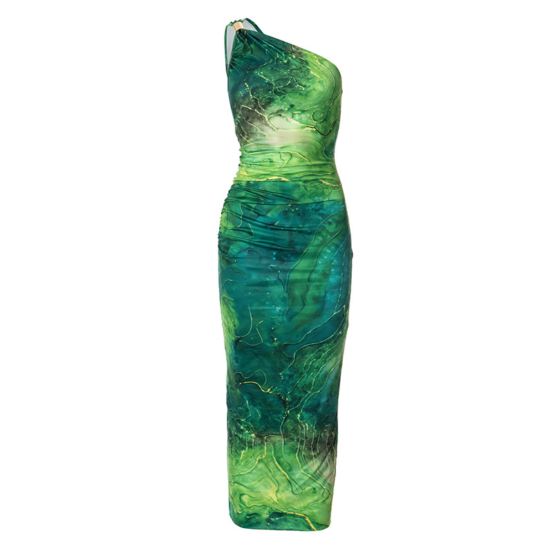 Women Clothing Summer Printed One Shoulder High Waist Hip