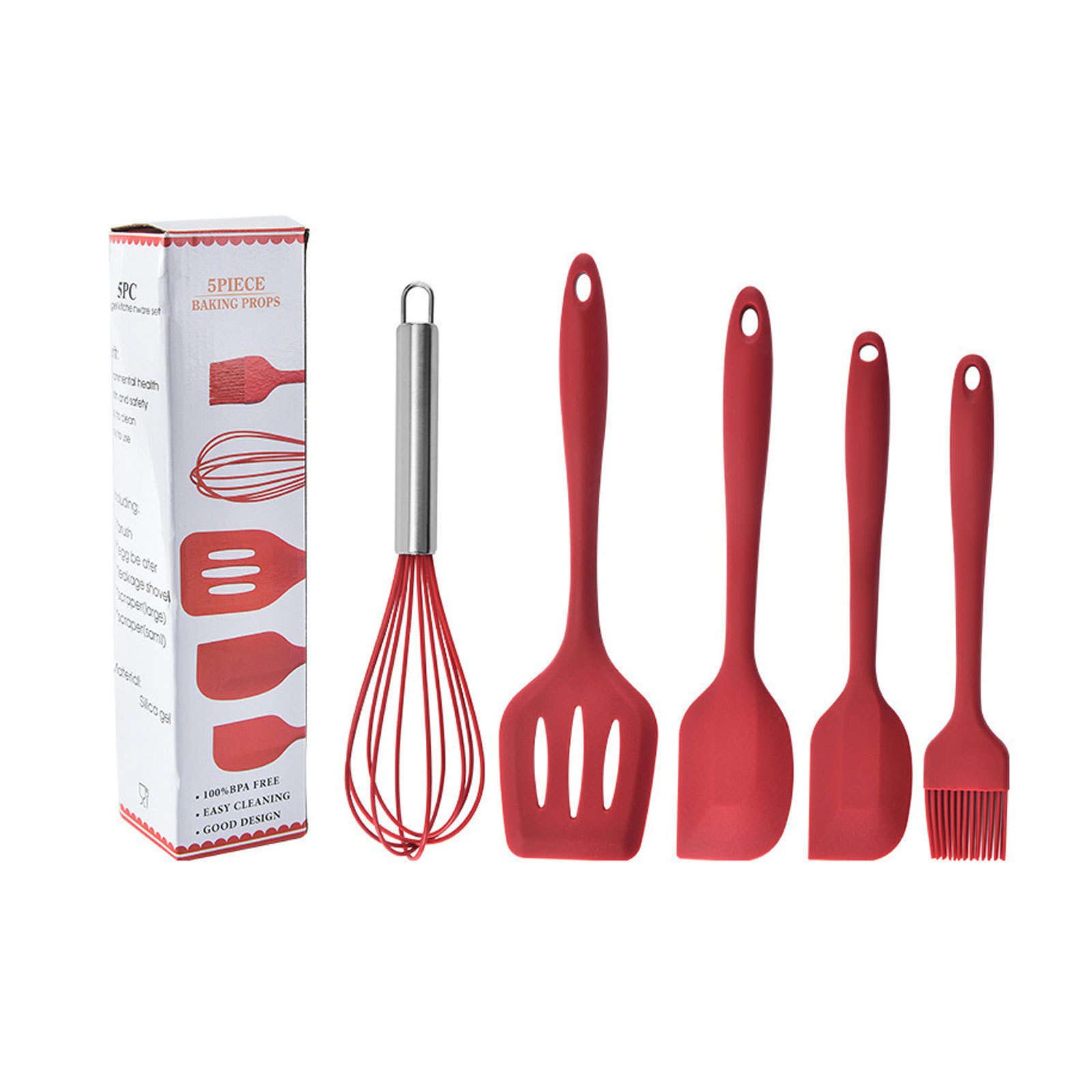 Juego de utensilios para hornear de cinco piezas, espátula de silicona de grado alimenticio resistente a altas temperaturas para mezclar pasteles y crema.