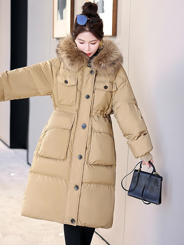 Winter raccoon fur collar white duck down over the knee hooded multi-pocket long fashion Korean down jacket HR196