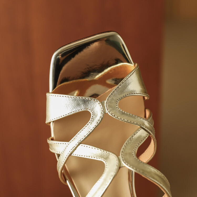 Sandal cao gót nữ da thật mũi vuông hở mũi gót thô 9 cm — Màu vàng, Màu bạc chi tiết 60