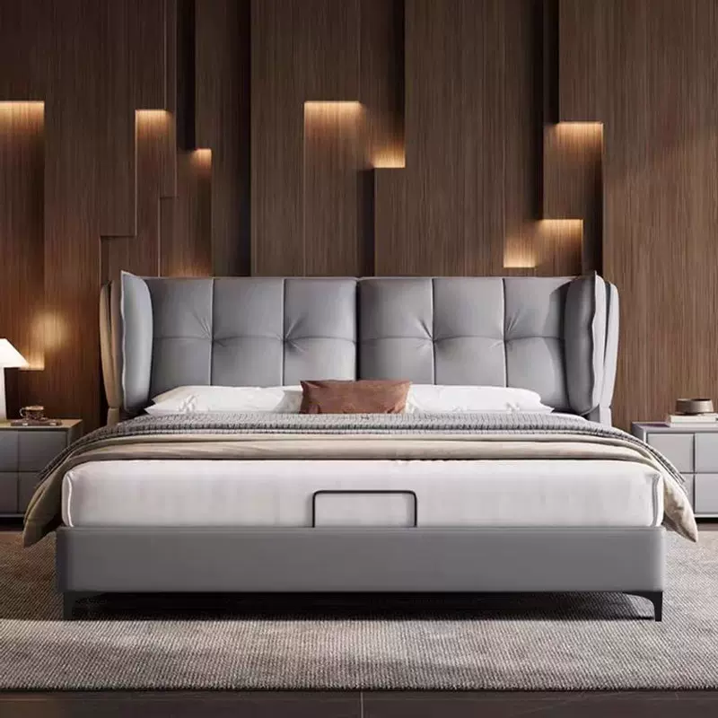 皮床简约现代意式风格主卧室大床1.8米双人软包床1.5米双人床气压
