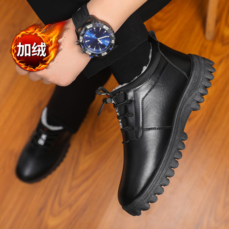 도매 남성면 신발 겨울 새로운 기모 두꺼운 레이스 업 편안한 스노우 부츠 따뜻한 패션 영국 스타일 가죽 신발
