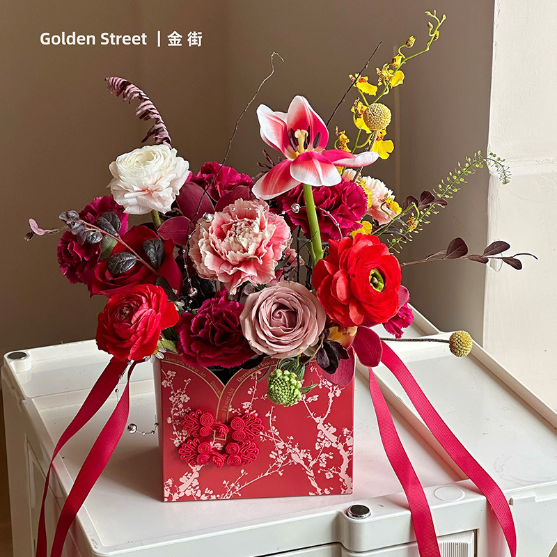 Bolso de mano con diseño de ramo de Año Nuevo, bolso de mano floral de estilo chino, caja para arreglos florales, caja para empaquetar flores, floristería de alta gama