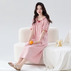 A類抗菌半袖純綿寝スカート女性夏韓国版甘いプリンセス風女性加肥大サイズ膝オーバーロングスカート