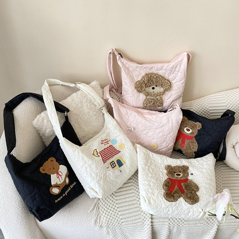 日系绗缝刺绣托特布包调节斜挎单肩包包女慵懒ins大容量秋冬斜挎