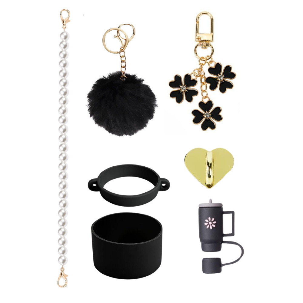 7pcs taza Stanley cuerda de mano colgante de silicona flor tapa de pajita bola de felpa colgante de copa cadena de taza de color